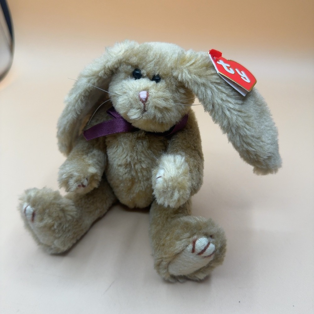 Ty Beanie Baby Bunny Rabbit Plush Stuffed Animal Tan with Burgundy Ribbon 1992